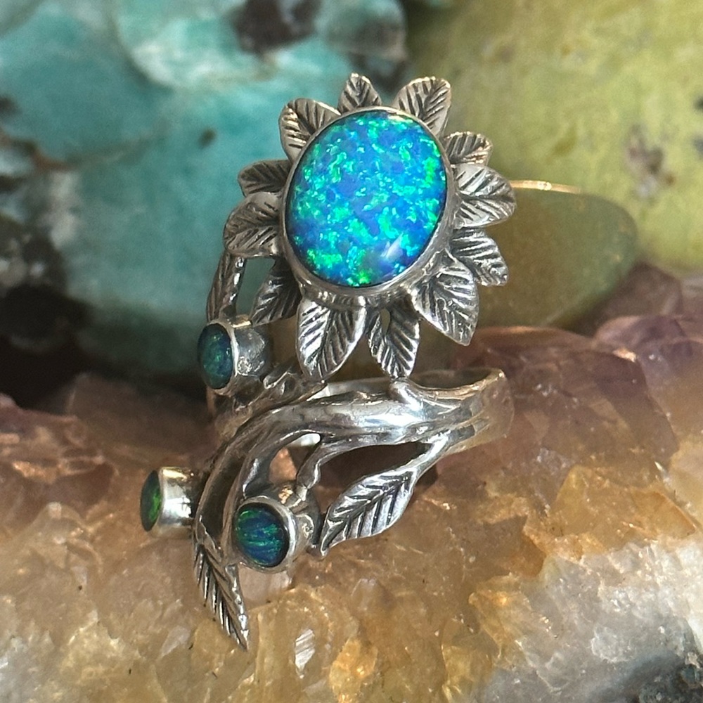 Opal Flower Statement Bypass Wrap Sterling Silver… - image 2